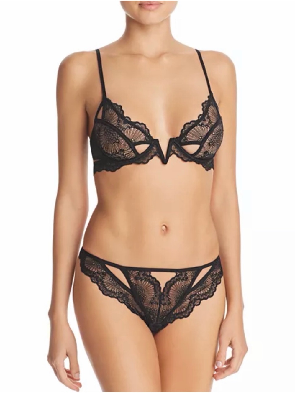 Thistle & Spire Black Lace Kane V-Wire Bra and Lace Thong Lingerie Set